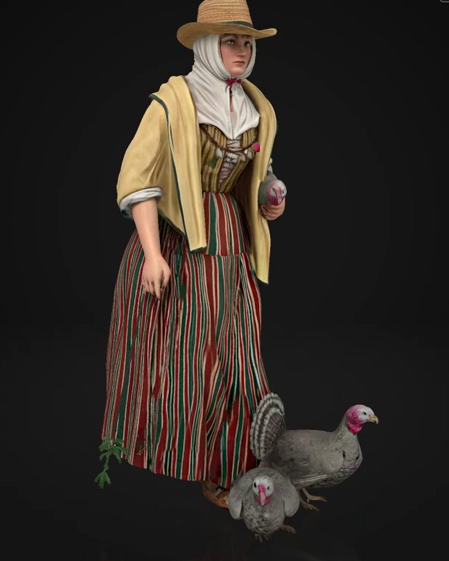 Figura pintada a mano de una campesina canaria con falda de rayas y sombrero de paja, junto a sus pavos